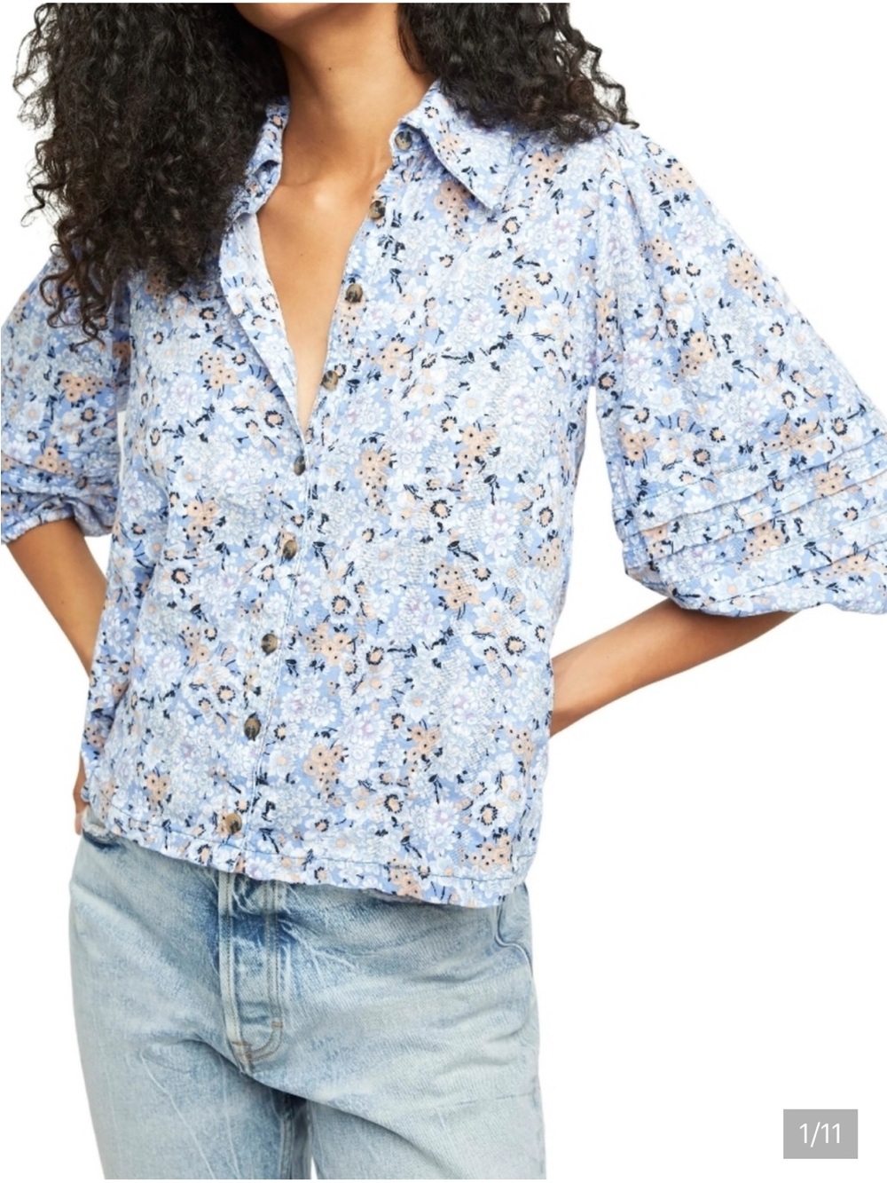 Free People Happy Days Pastel Blue Floral Wing Collar Button-Down Blouse size L